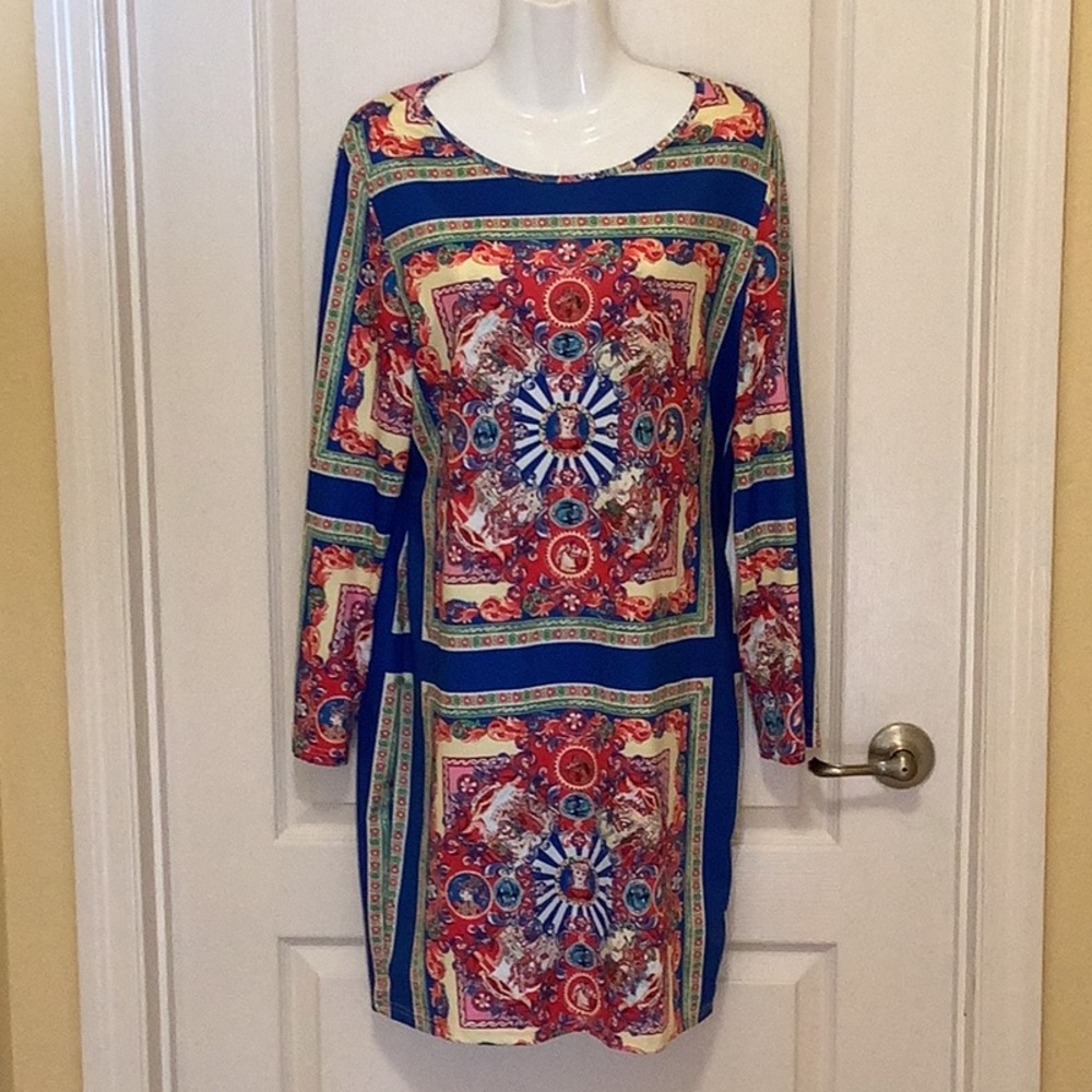 Colorful Fun Dress long sleeves size XL tag says 2X it’s a XL blue red g…